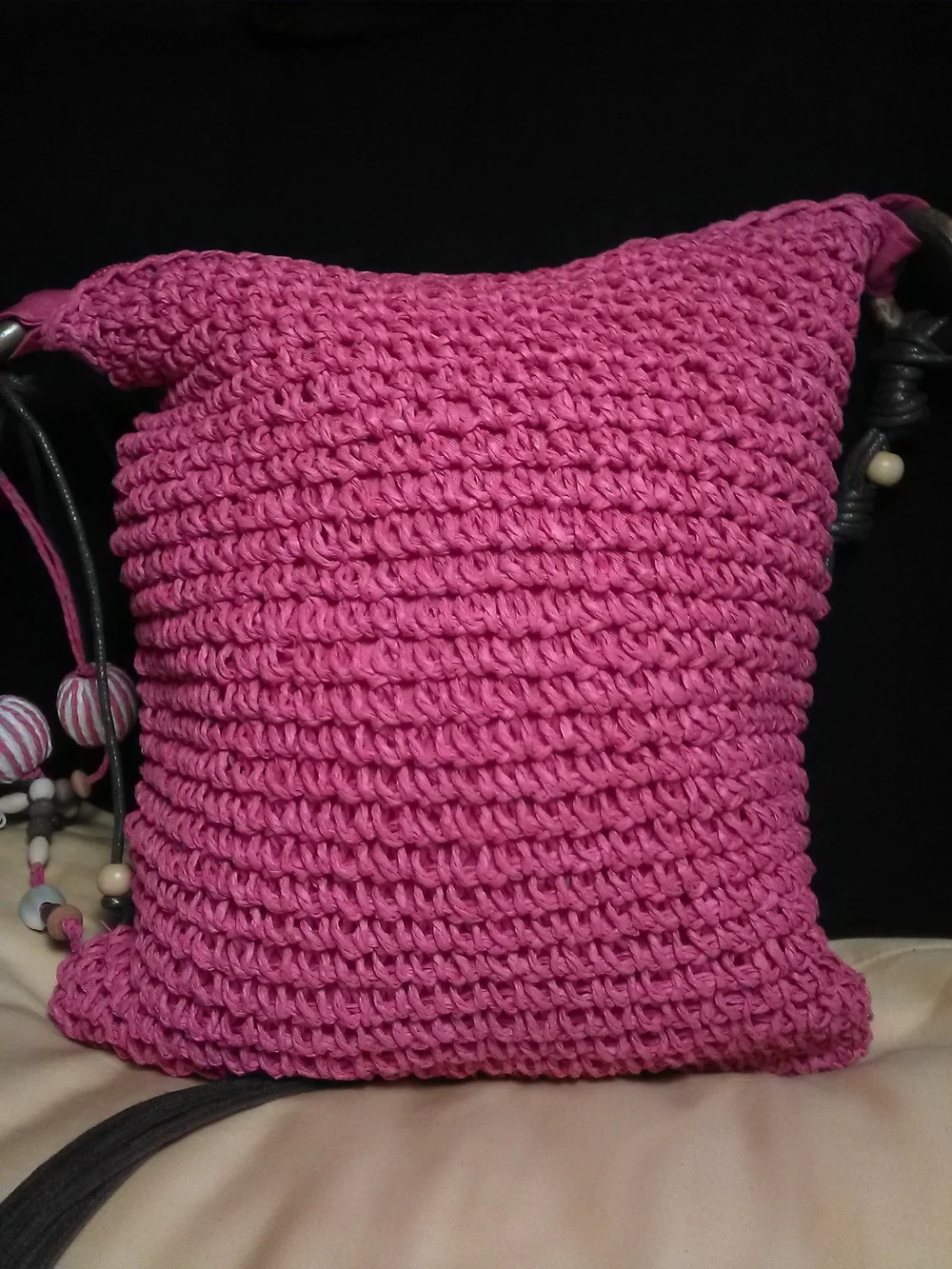 NWOT Handmade Pink Crochet Crossbody Bag LEATHER Beaded Strap